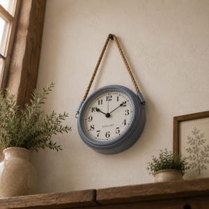 Puede incluir: Un reloj de pared redondo con un marco azul polvoriento y una esfera blanca con números arábigos negros y la palabra ENGLAND impresa debajo del centro. El reloj está suspendido por una cuerda gruesa y trenzada de color natural.