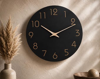 Modern Black Wall Clock Silent Wall Clock Minimalist Home Decor Gold Numbers Clock Living Room Decor Bedroom Decor 10 Inch Clock