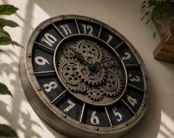Industrial Steampunk Wall Clock, Large Vintage Gear Clock, Rustic Metal Decor, Moving Gears, Farmhouse Living Room & Bedroom Wall Art Gift