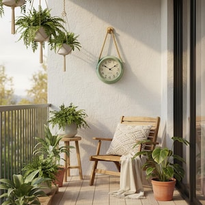 Op de afbeelding: Een balkonscène met een houten stoel, een kussen met patroon en een beige deken. Een lichtgroene klok hangt aan de muur. Potplanten en hangende plantenbakken met varens voegen groen toe. Het balkon heeft een houten vloer en een metalen reling.