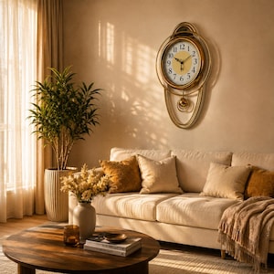 May include: A wall-mounted clock with a gold-toned oval frame and a circular face featuring black Arabic numerals, a pale yellow centre, and a swinging pendulum. The clock has thin black hands and a metallic finish, displayed on a neutral wall.