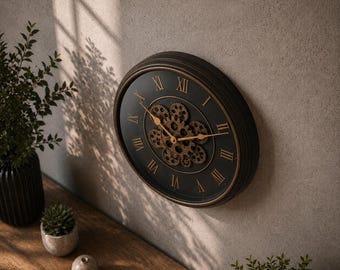 16-Inch Moving Gear Wall Clock: Silent Steampunk, Vintage Industrial Decor (Roman/Arabic Numerals)