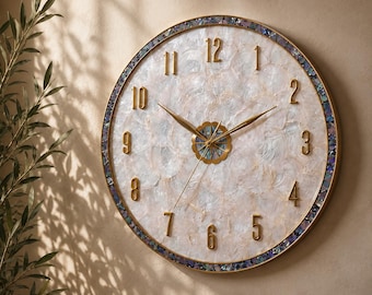 Luxury Pearl Wall Clock, Natural Shell Dial, Modern Gold Frame, Silent Quartz Movement