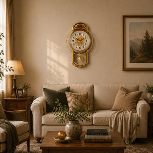 May include: A wall-mounted clock with a gold-toned circular frame, a white face featuring black Arabic numerals, and a central gold filigree design. The clock includes a gold pendulum suspended within a rectangular wooden frame with gold trim.