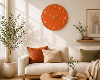 Modern Minimalist Wall Clock  Ultra Thin Scandinavian Design  Quiet Silent Clock  Warm Orange Accent Home Decor  Luxury Handmade Style Clock