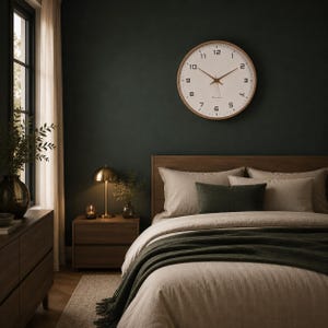 May include: A round wall clock with a light wood frame, a white face, and black numerals. The clock features thin, dark-colored hour, minute, and second hands. It is mounted on a dark green wall above a bed with neutral-toned bedding and pillows.