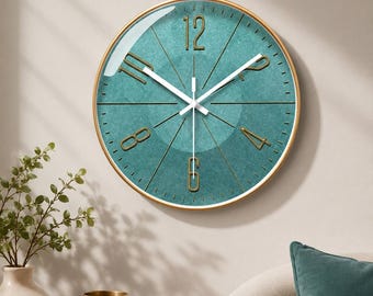 Modern Teal Wall Clock  Gold Metal Wall Clock  Silent Luxury Home Decor  Available in 10 12  14 Inch Sizes