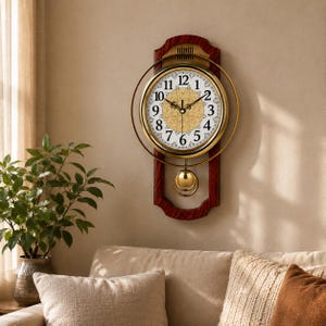 Pode incluir: Um relógio de parede com moldura de madeira escura, um anel circular de metal dourado e um mostrador branco com algarismos arábicos pretos. O centro tem um detalhe dourado estampado, ponteiros pretos e um pêndulo dourado suspenso.