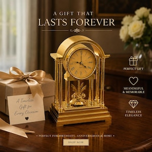 May include: A gold-toned quartz mantel clock with a circular face, Roman numerals, and a rotating pendulum base. Beside it sits a gift box wrapped with a gold ribbon and a card featuring the text A Timeless Gift for Every Occasion.