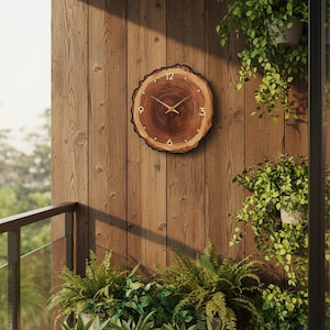 Puede incluir: Un reloj de pared redondo de madera, con un diseño de veta natural. La esfera del reloj tiene manecillas doradas y números blancos en las posiciones de las 12, 3, 6 y 9. El reloj está montado en una pared de madera.
