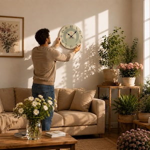 May include: A round wall clock with a cream-coloured face, featuring black numerals from 1 to 12, black hour and minute hands, and a red second hand. The clock face displays a central sage green circular design with a darker green arch pattern.