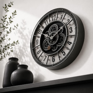 Large Industrial Wall Clock: Moving Gears, Roman Numerals, Steampunk Decor