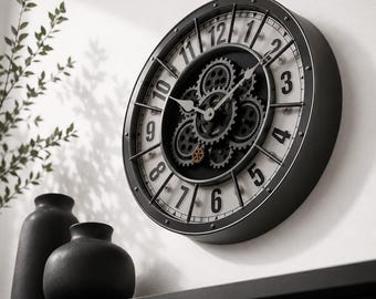 Large Industrial Wall Clock: Moving Gears, Roman Numerals, Steampunk Decor