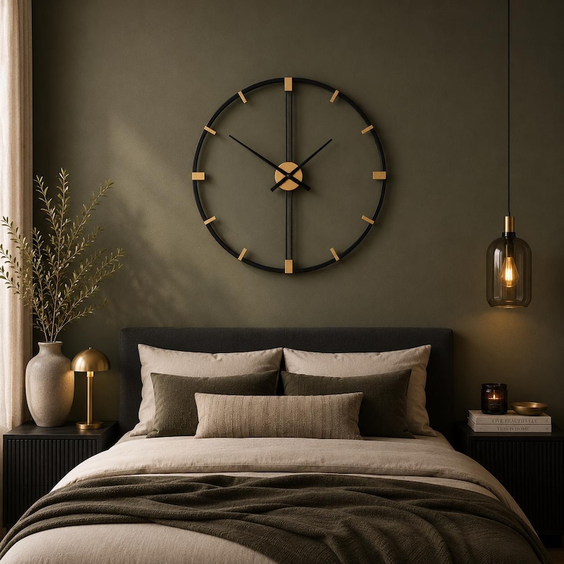 May include: A large circular wall clock featuring a thin black metal frame with gold-toned accents at the hour markers and center. The clock has two slender black hands and a vertical bar design that extends from the center to the top and bottom.