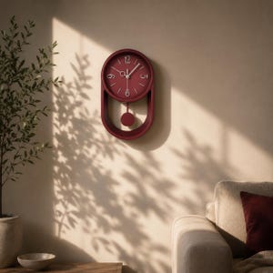 May include: A deep red wall clock with a circular face featuring white numerals at the 12, 3, 6, and 9 positions. The clock has a matching red frame with an open lower section containing a circular pendulum that hangs from a thin central rod.