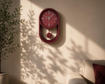 Modern Silent Pendulum Wall Clock | Minimalist Scandinavian Decor (Burgundy, Sage Green)
