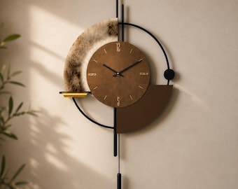 Large Modern Wall Clock with Pendulum, LED Light, Wood Metal Decor