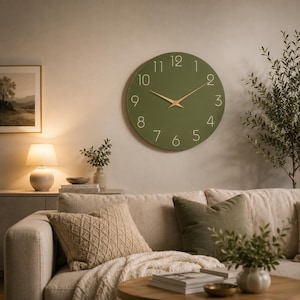 Reloj de pared moderno de bambú: cuarzo silencioso, esfera verde, números blancos (de 10 a 16 pulgadas).