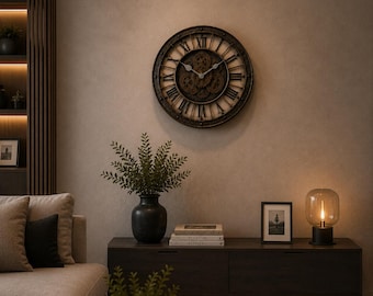 Large Vintage Wall Clock 18 Inch | Real Moving Gears Steampunk Roman Numeral Decor