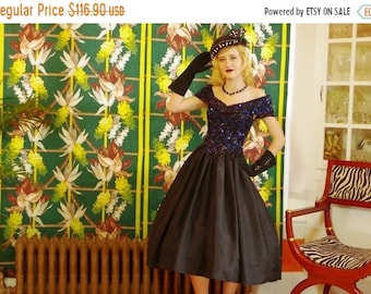 ON SALE Retro Jessica McClintok Party Dress.Vintage 80's does 50's. Black Taffeta Swing Skirt.Blue & Black Sequin Bodice.Portrait Collar. sz