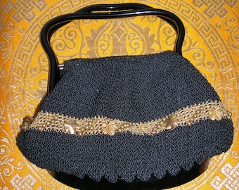 Vintage 1950's Lucite Crocheted Purse Black / Gold Lame Accent Metal Beads Leaf Charms Twist Snap Lucite Handle and Base