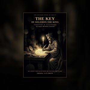 Puede incluir: Una portada de libro titulada The Key of Solomon the King, con una ilustración dorada de una figura coronada escribiendo en una mesa con un pentáculo brillante, una vela y monedas. El texto incluye Annotated & Illustrated, The Complete 1889 Mathers Translation y All 44 Holy Pentacles from the Original 1889 Plates, editado por A. D. Corvin.