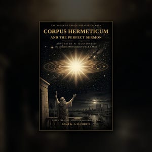 Op de afbeelding: Een boekomslag met de titel Corpus Hermeticum and the Perfect Sermon. De omslag toont een figuur in gewaden met een staf, kijkend naar een heldere ster met planetaire ringen in een nachtelijke hemel boven een antiek landschap met stenen gebouwen.