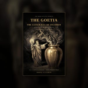 以下が含まれることがあります： 「The Goetia The Lesser Key of Solomon」と題された黒いブックカバー。王冠を被りローブを纏った人物が、煙と霊的な姿を放つ大きな壺のそばで指輪を掲げている金色のイラストが描かれている。テキストには「The Book of Evil Spirits」「Annotated & Illustrated」「The 1904 Mathers-Crowley Edition」「All 72 Spirits Illustrated」「Their Authentic Seals」「Edited by A. D. Corvin」が含まれる。