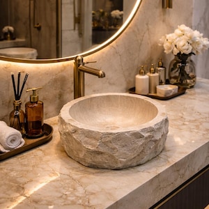 Peut inclure: Un lavabo en pierre naturelle avec une surface texturée est posé sur un comptoir en marbre. Un robinet doré et un miroir rond avec un cadre doré sont visibles. La salle de bain comprend un vase de fleurs blanches et des flacons en verre ambré.