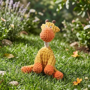Puede incluir: Un juguete para perros con forma de jirafa de peluche amarillo y naranja sobre hierba verde. La jirafa tiene un cuerpo texturizado, hocico y patas naranjas, y detalles marrones en las orejas. Diseñado para mascotas.