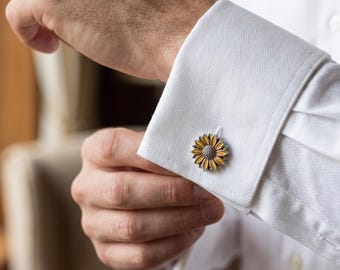 Sunflower Cufflinks for Men - Floral Cuff Links Wedding Gift - Groom Groomsmen Dad Birthday Anniversary Father's Day