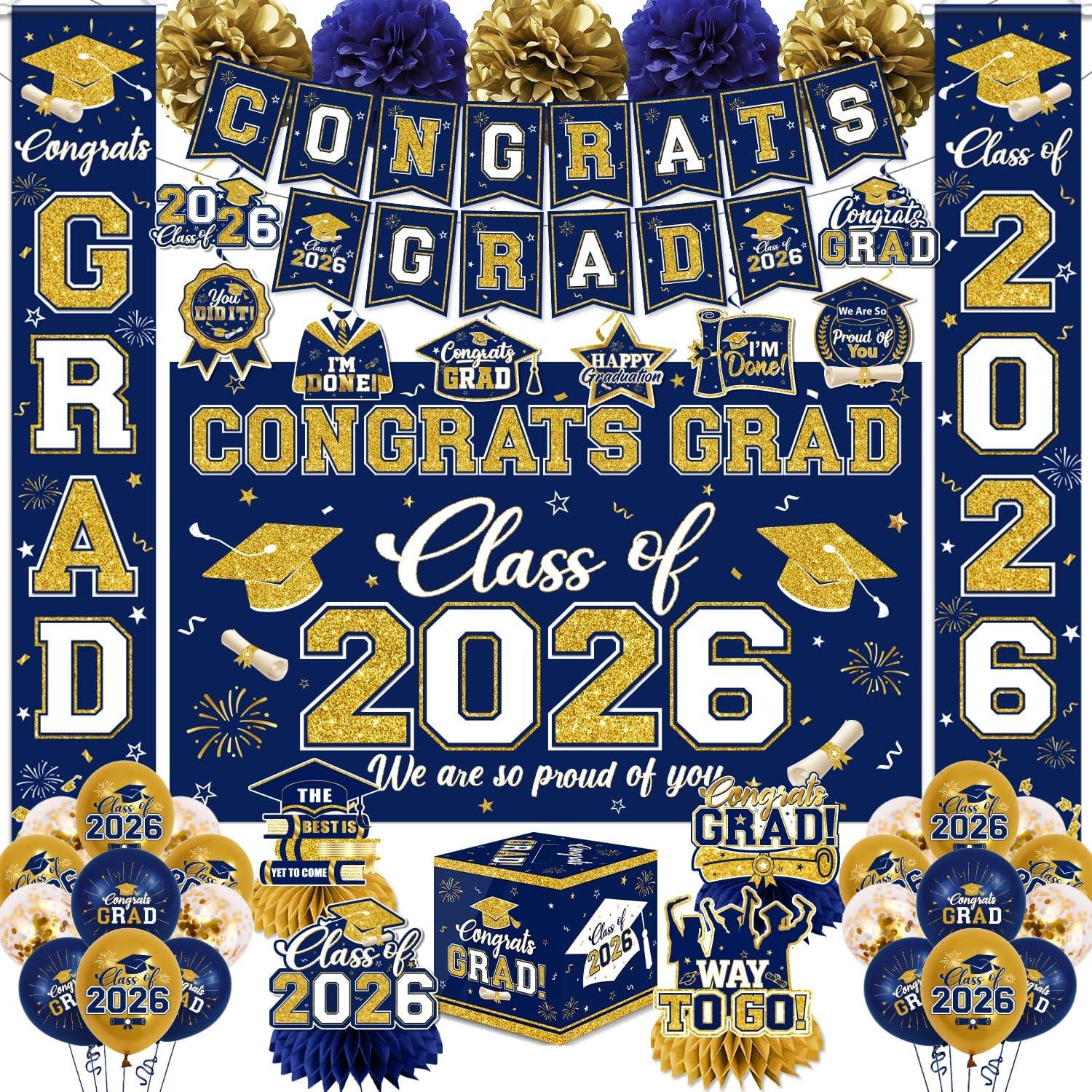 Navy Grad Sign Navy Blue Gold 2026 Graduation Kit: Congrats Grad Banner, Backdrop ...
