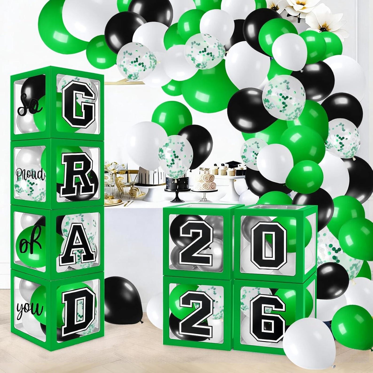 2026 Green Grad Decor: Set of 4 Boxes & 129pc Balloon Arch Kit. Perfect ...