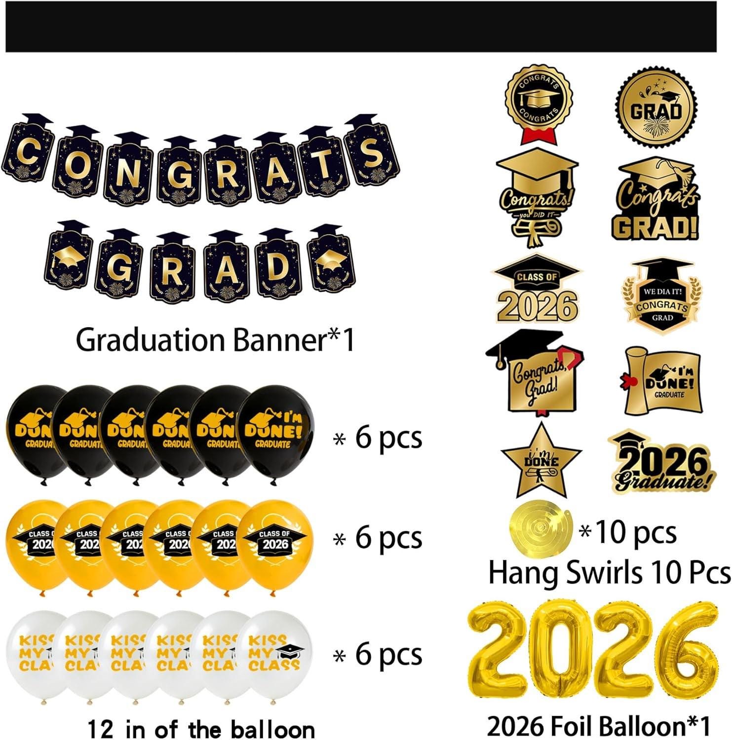 Black & Gold 2026 Grad Kit: Congrats Banner, Backdrop, Balloons, Fringe ...