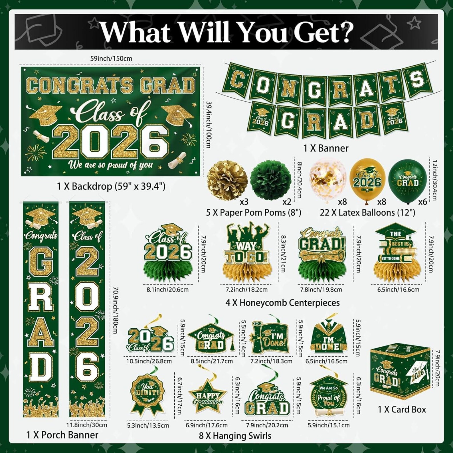 Green & Gold 2026 Grad Kit: Congrats Grad Banner, Backdrop, Porch Sign ...