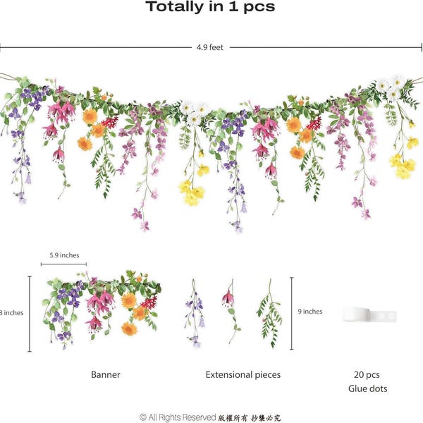 Watercolor Wildflower Garland: Floral Garden, Woodland & Tea Party Decor. Perfect for Birthdays, Onederland, Weddings  Baby Showers.
