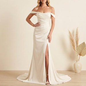 Vestido de novia de sirena con escote corazón, hombros descubiertos, abertura en la espalda, vestido de novia con cola, vestido de novia personalizado, vestido de novia de verano para bodas en la playa