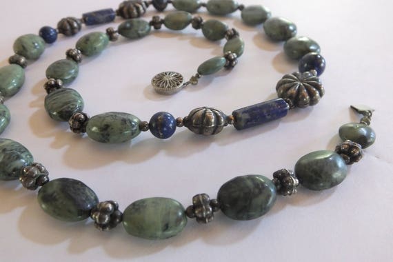 Green Zebra Jasper and Lapis Lazuli Bead Necklace
