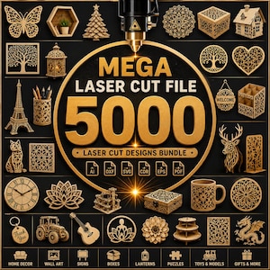 May include: A collection of laser cut designs, including a butterfly, tree, Eiffel Tower, cat, clock, and more. The image features the text "MEGA LASER CUT FILE 5000 LASER CUT DESIGNS BUNDLE" and icons for various file types. Categories include home decor, wall art, and gifts.