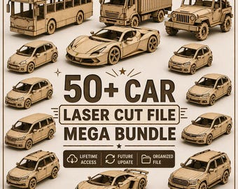 Mais de 50 quebra-cabeças 3D de carros clássicos americanos em formato SVG e DXF | Plano digital para corte a laser em madeira | Modelo para CNC Glowforge | Presente para entusiasta de carros de corrida antigos