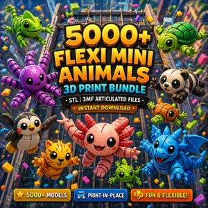 Könnte beinhalten: Ein farbenfrohes Bild, das ein 3D-Druck-Bundle mit flexiblen Mini-Tieren zeigt. Das Bild zeigt verschiedene bewegliche Tiermodelle, darunter ein Chamäleon, ein Oktopus, eine Schildkröte, ein Panda, ein Axolotl und ein Drache. Der Text lautet "5000+ FLEXI MINI ANIMALS 3D PRINT BUNDLE".