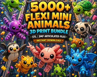 May include: A vibrant image showcasing a 3D print bundle of flexi mini animals. The image features a variety of colorful, articulated animal models, including a chameleon, octopus, turtle, panda, axolotl, and dragon. Text reads "5000+ FLEXI MINI ANIMALS 3D PRINT BUNDLE".
