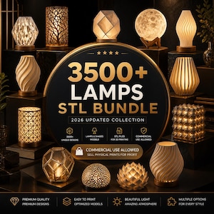 Puede incluir: Una colección de lámparas con diseños únicos, incluyendo formas geométricas, florales y abstractas. La imagen presenta un gráfico central con el texto "3500+ LAMPS STL BUNDLE 2026 UPDATED COLLECTION". Las lámparas tienen tonos cálidos.