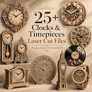 25+ klock-pdf-paket, laserskurna klockfiler, träklockmallar, vägg- och mantelklockdesigner, Glowforge, Cricut-filer