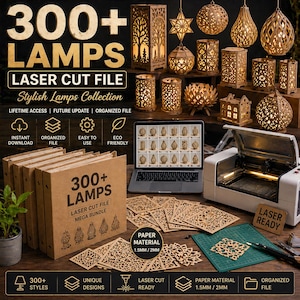 Könnte beinhalten: Eine Sammlung von lasergeschnittenen Lampen in verschiedenen Formen und Größen, darunter Laternen und Hängeleuchten. Das Bild zeigt einen Laptop mit Lampendesigns, einen Laserschneider und den Text "300+ LAMPS".