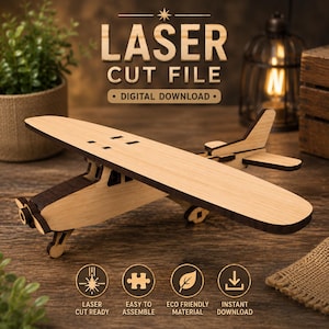 May include: A laser-cut wooden airplane model featuring a two-tone design with light and dark wood panels. The text LASER CUT FILE DIGITAL DOWNLOAD is displayed above the model, with icons for laser cut ready, easy to assemble, eco friendly material, and instant download.