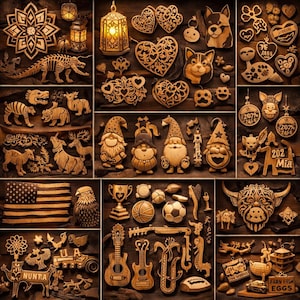 Pode incluir: Uma cole&ccedil;&atilde;o de ornamentos e figuras de madeira esculpidos de forma intrincada. A variedade inclui cora&ccedil;&otilde;es, animais, gnomos, instrumentos musicais e equipamentos desportivos. H&aacute; tamb&eacute;m uma bandeira americana e uma &aacute;guia. O texto "202 Mia" e "Farm Fish Eggs" s&atilde;o vis&iacute;veis.