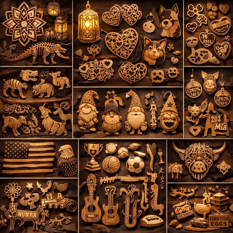 Pode incluir: Uma cole&ccedil;&atilde;o de ornamentos e figuras de madeira esculpidos de forma intrincada. A variedade inclui cora&ccedil;&otilde;es, animais, gnomos, instrumentos musicais e equipamentos desportivos. H&aacute; tamb&eacute;m uma bandeira americana e uma &aacute;guia. O texto "202 Mia" e "Farm Fish Eggs" s&atilde;o vis&iacute;veis.