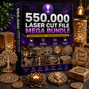 Puede incluir: Una caja de productos con el texto "550.000 Laser Cut File Mega Bundle" y varios artículos de madera cortados con láser. Los artículos incluyen un árbol, un león, una mariposa, una linterna y una caja. La caja también dice "Endless Designs, Unlimited Possibilities."