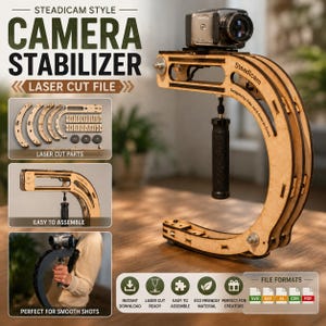 May include: A laser cut wooden camera stabilizer with a black handle and a mounted camera. The design features a curved frame with text reading Steadicam and Designed by Frits-Jan & Kuren de Groot. Includes icons for SVG, DXF, AI, CDR, and PDF formats.